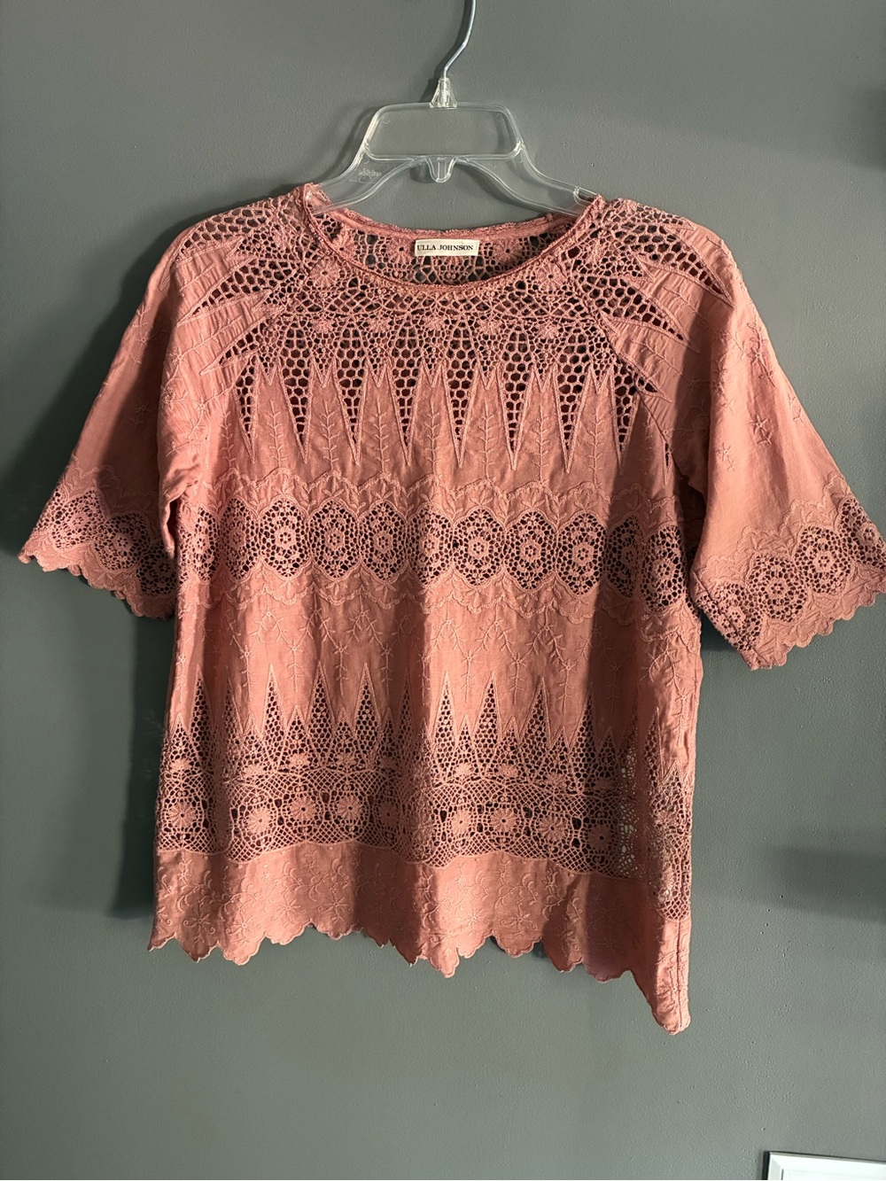 Ulla Johnson Mauve Cotton Lace Eyelet Short Sleeve Top
